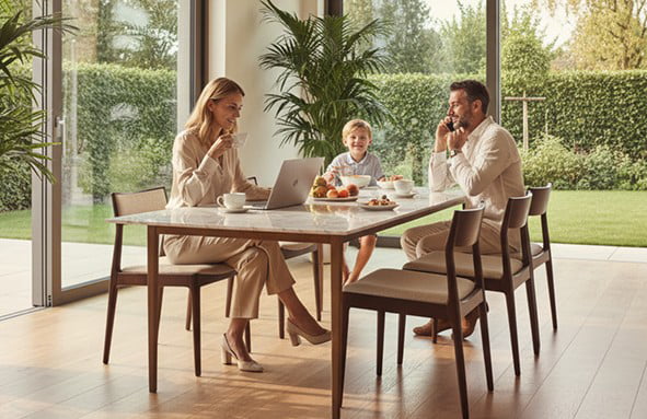 Family using devices at a table, representing device protection.